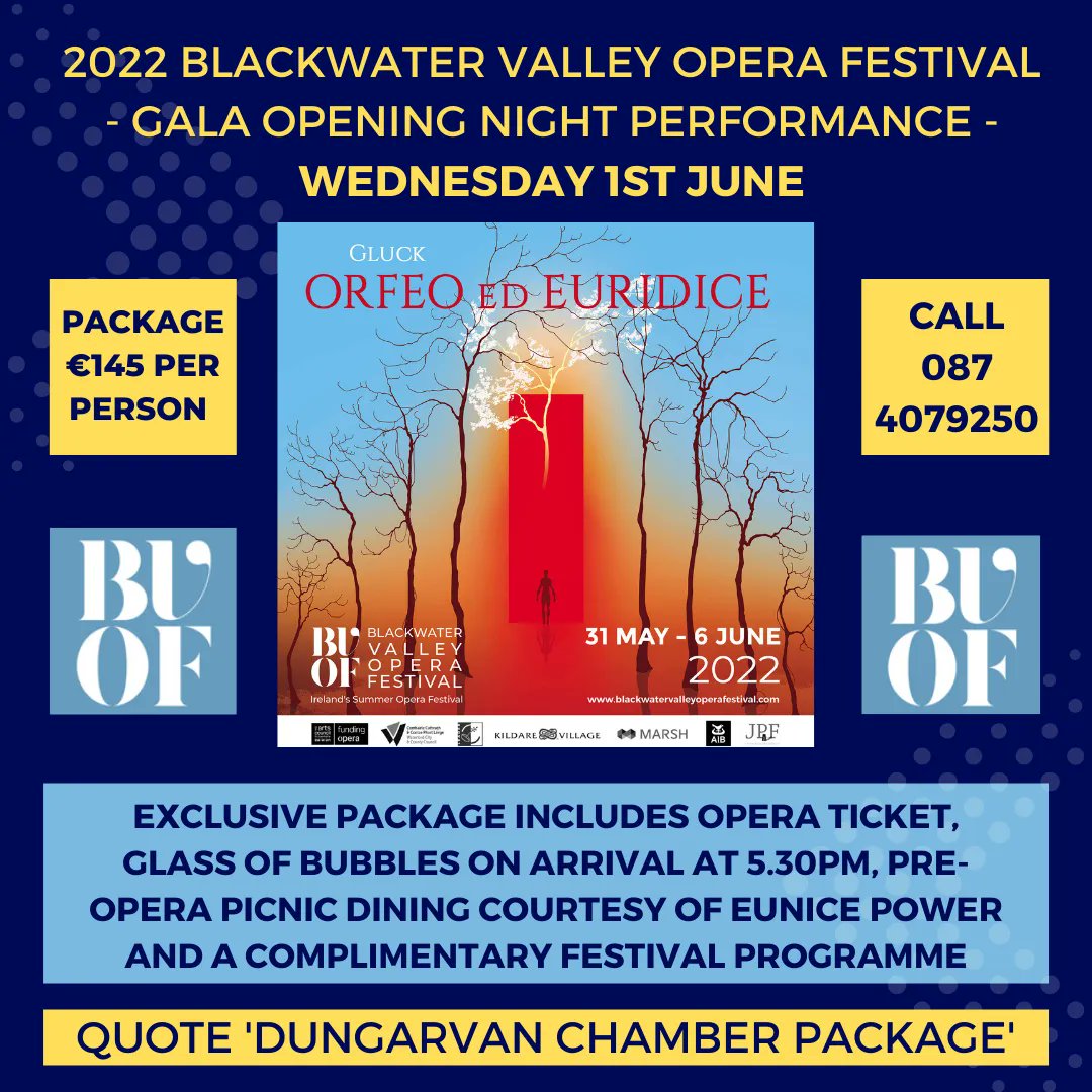 Dvan & WW Chamber Member Exclusive Offer from @B_V_O_F Gala Opening Night Performance Wed 1 June, includes bubbles, picnic, opera & festival programme @WaterfordCounci @eunicepower @Waterford2040 @lismorefoodco @LismoreHC @TasteWaterford @LEOWaterford