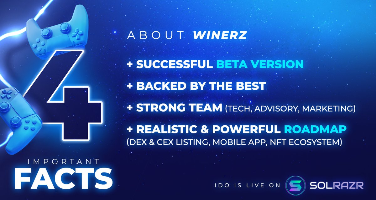 Winerz_official's tweet photo. 4 FACTS About Us:
🎯 Successful Beta Version (30k monthly played matches)
🤝 Backed by The BEST (Well known VC's)
💪 Strong Team (people with real experience)
🚀 Powerful ROADMAP (DEX &amp; CEX, Mobile App, NFTs)

WNZ IDO IS LIVE ON @Solrazr_app 
Whitelisting: https://t.co/UwBMucA5cy https://t.co/cA1V3pMv2l