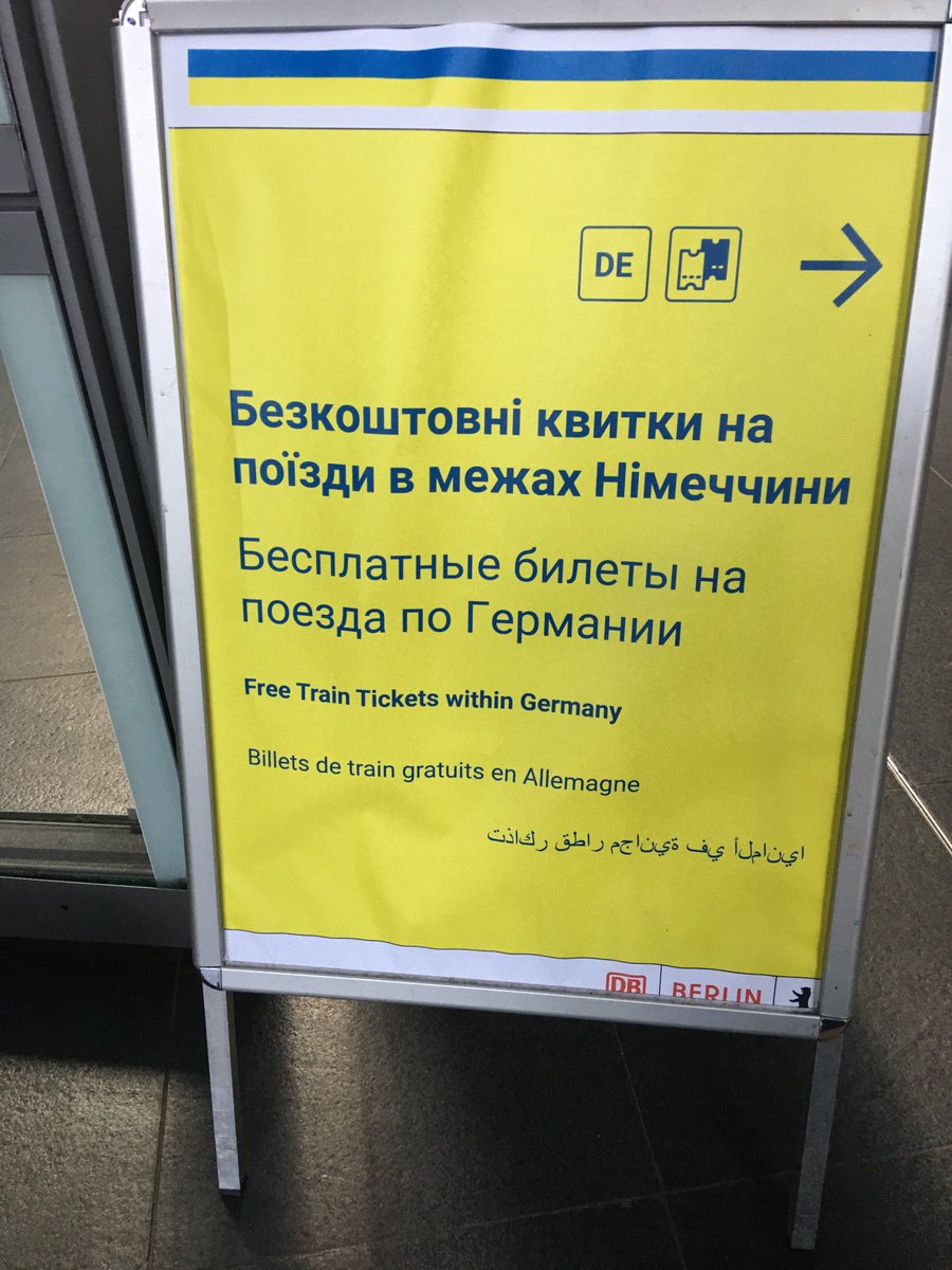 Molondon55's tweet photo. In Berlin station. Welcome &amp; free transport to Ukrainian refugees. Terrific &amp; somewhat shaming Berlin already hosting 30k refugees. 300k across Germany. A shame  that UK Gvt won’t allow us as citizens &amp; London to do the same… https://t.co/cUzLIHcyee