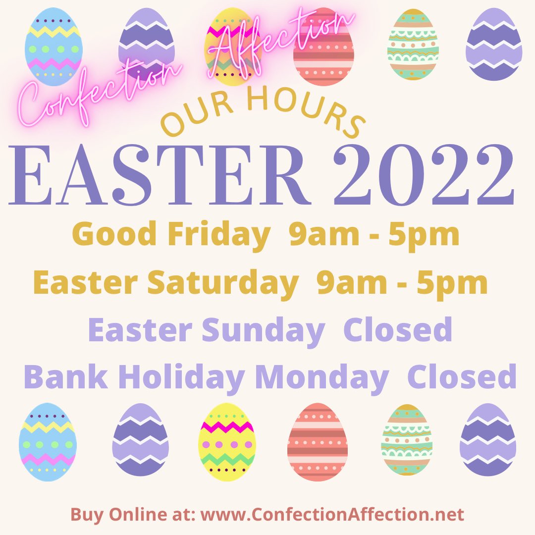 CA_Stroud's tweet image. We’re open 9am-5pm Monday-Saturday next week, including Good Friday! Plenty of time to get your Easter goodies 🐣 
Order online at ConfectionAffection.net, including for Click &amp;amp; Collect, national delivery and local delivery (slots filling fast!).

#stroud #instroud