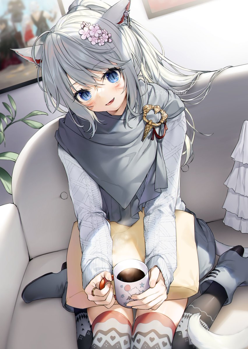 avatar (ff14) 1girl miqo'te animal ears tail blue eyes cup solo  illustration images