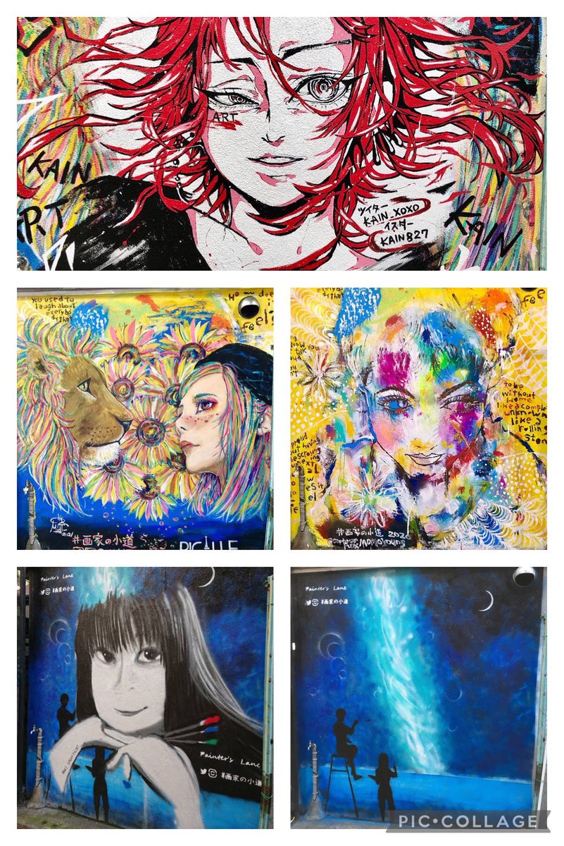 右下から↑
初代 `19.4月 @aki_spraypaint 
2代目 `20.1月 @aki_spraypaint 
3代目 `20.9月 @momo8man 
4代目 `21.5月 @MAIT327 
5代目 `22.4月 @Kain_xoxo 

色も作風も色々で面白いっすな😚

#画家の小道 #壁画 