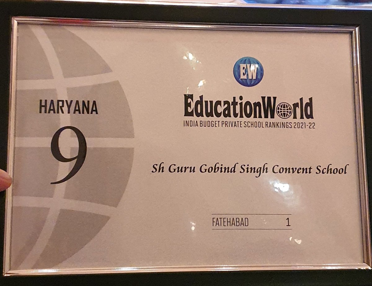 District #1 State #9 GGS CONVENT SCHOOL CHIMMO FATEHABAD 
 Education World's India's Budget Private Schools Ranking 2021-2022 Award Ceremony @The Leela Palace, Delhi. It is proud moment for GGS Convent School to receive District #1 &amp; State#9 Award.