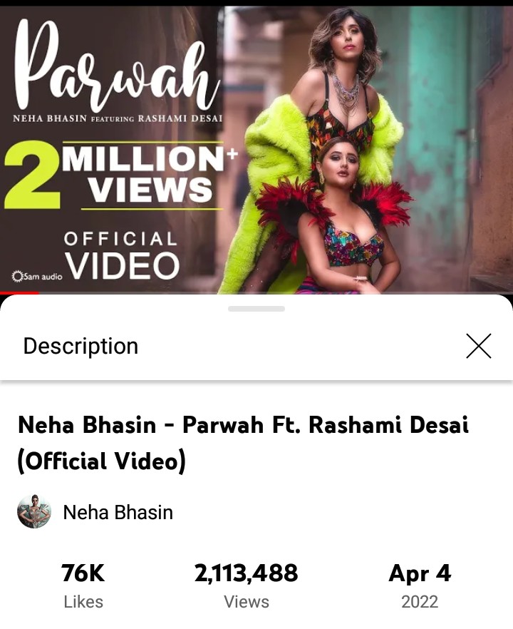 RDTrendz's tweet photo. Music video of #Parwah crosses 2M+ views across YouTube!

#RashamiDesai 
#NehaBhasin https://t.co/GHGEarZ4f5