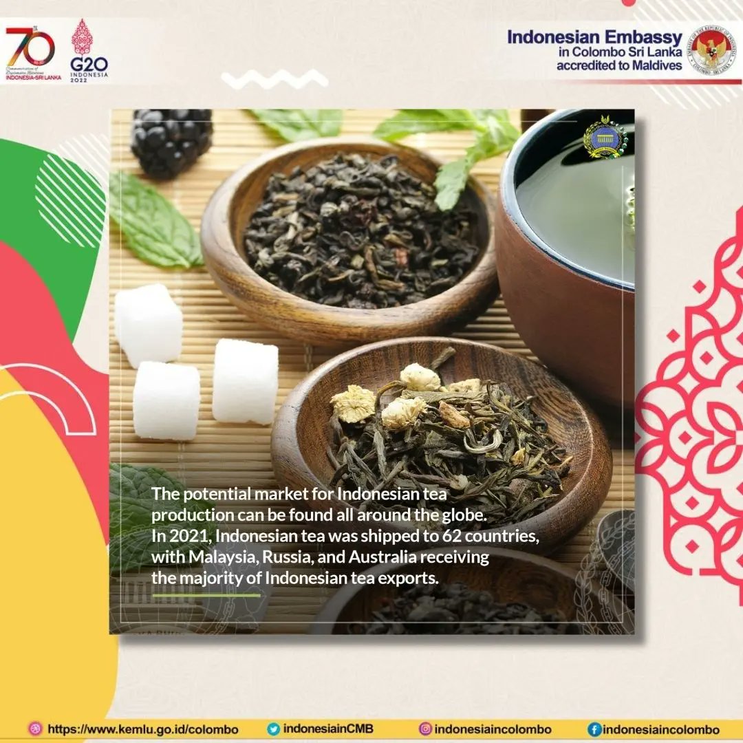 indonesiainCMB's tweet photo. Indonesian Tea - Rich in Natural Antioxidants

#inidiplomasi #indonesianway #70yearsIndonesiaSriLanka #IDLK70years #Srilanka #Maldives #G20Indonesia #Indonesiantea #IndonesianExport https://t.co/Aza7L1hPPZ