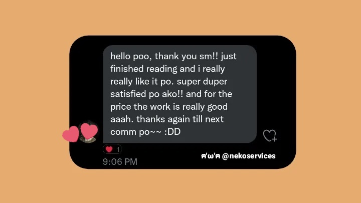 nekoservices's tweet photo. thank you so much. i really appreciate your feedbacks. those give me motivation to do a lot better. (to follow ang feedbacks from fb since a friend will compile pa huhu since joined kami and siya nakikipagusap sa clients doon)
#meowbacks ฅ'ω'ฅ https://t.co/Pm8wVOswzn