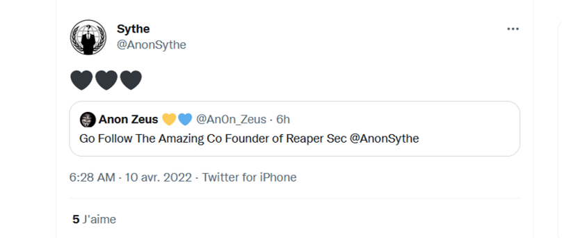 cyber_etc's tweet photo. #Sythe and #AnonZeus hacktivists have merged to form the new group #ReaperSec, engaged with the collective #Anonymous for peace in #Ukraine.
#Russia #OpRussia
Via @ReaperSec1, @An0n_Zeus & @AnonSythe https://t.co/LbpBiDl30l
