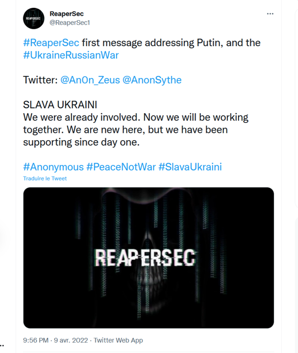 cyber_etc's tweet photo. #Sythe and #AnonZeus hacktivists have merged to form the new group #ReaperSec, engaged with the collective #Anonymous for peace in #Ukraine.
#Russia #OpRussia
Via @ReaperSec1, @An0n_Zeus & @AnonSythe https://t.co/LbpBiDl30l