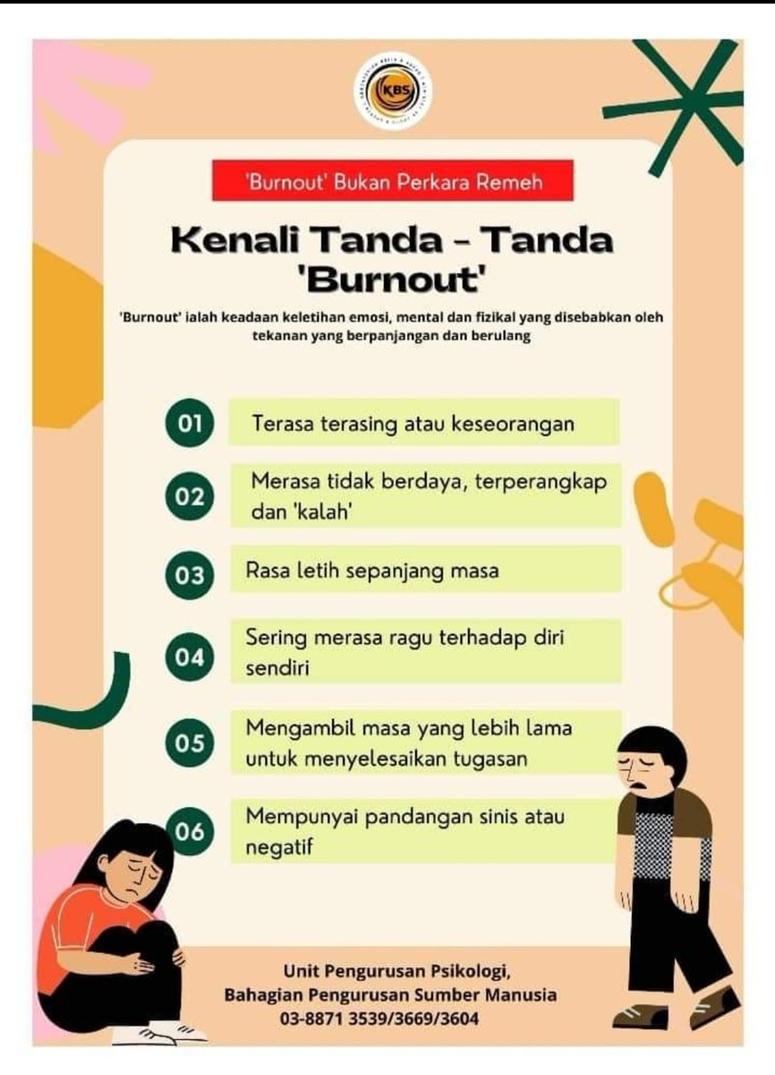 kpppbssm's tweet photo. Kenali tanda tanda 'burnout'. Bersama menjaga kesihatan diri.

#kpppbssm
#kitajagakita https://t.co/zAniWpQTXx