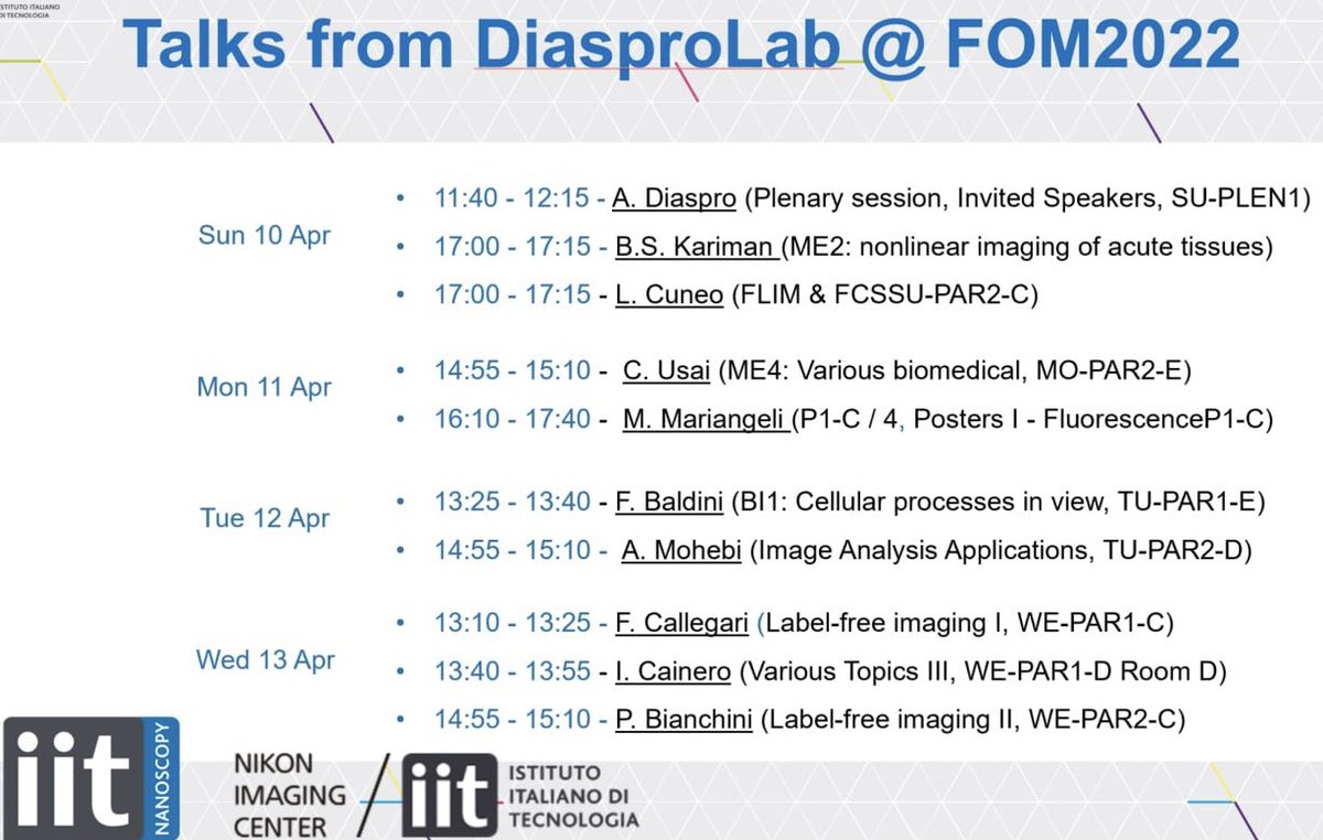 DiasproLab's tweet photo. Don’t miss our talks @FOMconferences 2022! 
#fom2022 
@AD1959 @BehjatKariman @UsaiChantal @M__Mariangeli @DiasproLab @Fab_Calle @CaineroIsotta @2Pbianchini https://t.co/nrwSLCbvv9