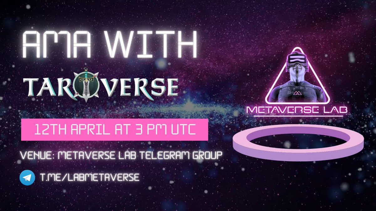 METAVERSE LAB (@labmetaverse) on Twitter photo Hello Metaverse Lab Community👋
Get ready with your questions for our upcoming #AMA session with @TAROVERSEcom, right before their Private Sale on <a href="/LabMetaverse/">METAVERSE LAB</a> Launchpad⚓
⏰ When? On 12th April at 3:00PM UTC
📍 Where? At our official telegram group ~ t.me/LabMetaverse Hello Metaverse Lab Community👋
Get ready with your questions for our upcoming #AMA session with @TAROVERSEcom, right before their Private Sale on <a href="/LabMetaverse/">METAVERSE LAB</a> Launchpad⚓
⏰ When? On 12th April at 3:00PM UTC
📍 Where? At our official telegram group ~ t.me/LabMetaverse