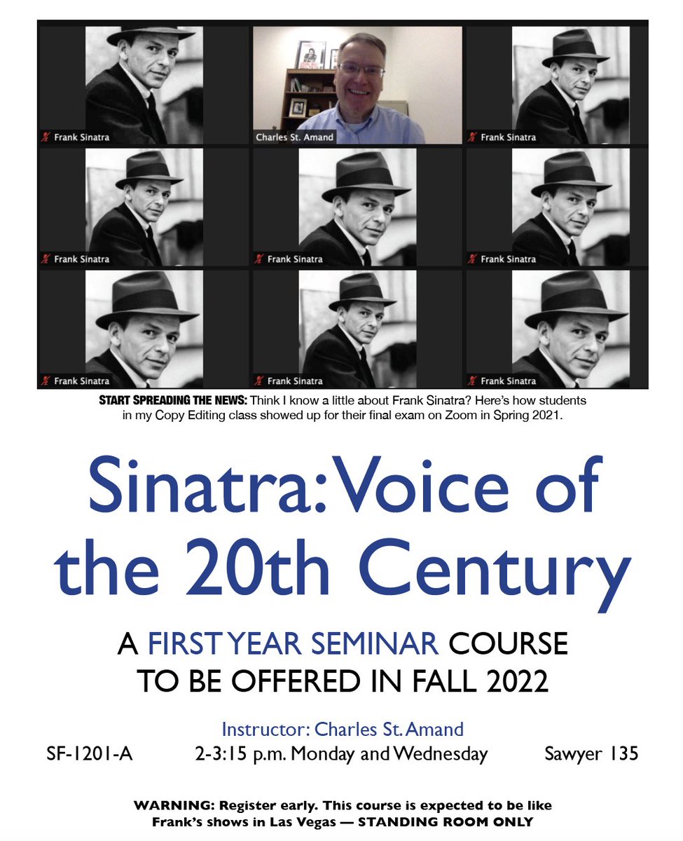 I'll be representing the <a href="/Suffolk_U/">Suffolk University</a> Communication, Journalism and Media Department at today's Showcase for Accepted Students. I'll also pitch my First Year Seminar course on #Sinatra being offered in the fall. Please note the fine print at the bottom of the flyer.