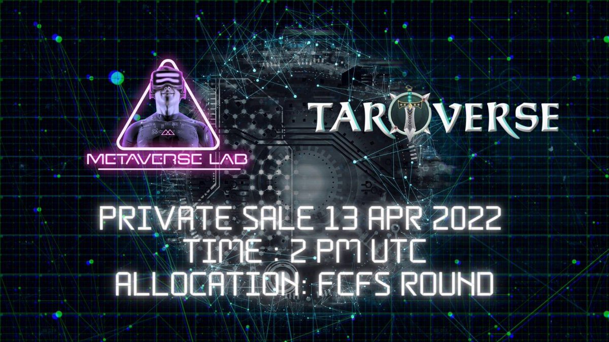 METAVERSE LAB (@labmetaverse) on Twitter photo Hello Metaverse Lab Community👋
Your wait is now finally over! Get ready for the upcoming Private Sale round for @TAROVERSEcom on <a href="/LabMetaverse/">METAVERSE LAB</a> Launchpad
📌Private Round Details:
▶️ Date ~ 13th April'22
▶️ Time ~ 2:00PM UTC
▶️ Allocation ~ FCFS Basis
🔎t.me/LabMetaverse Hello Metaverse Lab Community👋
Your wait is now finally over! Get ready for the upcoming Private Sale round for @TAROVERSEcom on <a href="/LabMetaverse/">METAVERSE LAB</a> Launchpad
📌Private Round Details:
▶️ Date ~ 13th April'22
▶️ Time ~ 2:00PM UTC
▶️ Allocation ~ FCFS Basis
🔎t.me/LabMetaverse