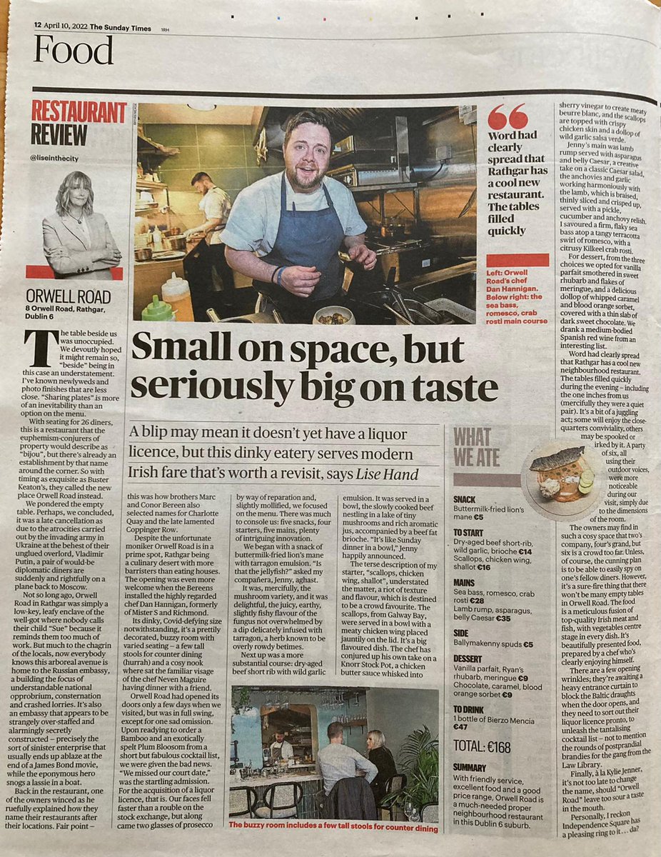 "With friendly service, excellent food and a good price range, Orwell Road is a much needed proper neighbourhood restaurant in this Dublin 6 suburb." The verdict of <a href="/liseinthecity/">lisehand.bsky.social 🦩</a> who reviews our little sis in today's Sunday Times. Well done everyone! 😘#review  #rathgar