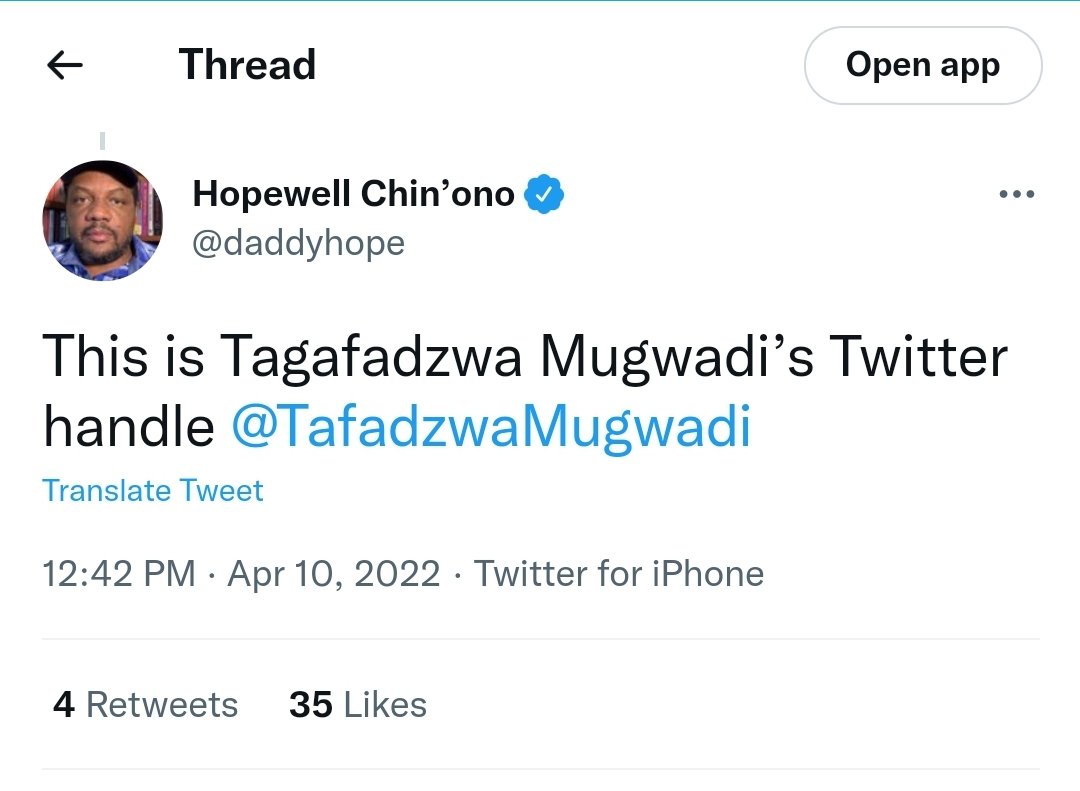Breaking

Unearthed evidence of an illicit affair btwn <a href="/CIA/">CIA</a> agents working to dethrow Zim Gvt from <a href="/Twitter/">Twitter</a> HQ conniving with <a href="/daddyhope/">Hopewell Chin’ono</a> to block pro-gvt &amp; <a href="/ZANUPF/">Marius Steyn</a> accounts. He is having a discussion with Twitter handlers to close my account. Retweet till @TwitterSupport explain
