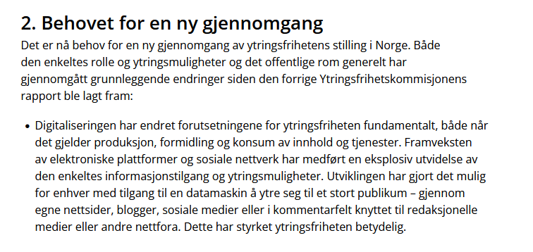 DoremusSchafer's tweet image. Ytringsfrihetskommisjonens mandat:  Framveksten av  sosiale medier har styrket ytringsfriheten betydelig.

*folk mener noe på sosiale medier om dagens største nyhetssak, og de fleste mener ca. det samme som statsministeren*

Profilert Ykom-medlem: NEI IKKE SÅNN