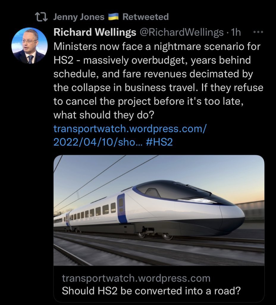 You could argue if you were being extremely generous that seeing something Anti-HS2, Jenny from the Block-ed List would retweet it as staunchly Anti-HS2...

...until you see the article is titled 
