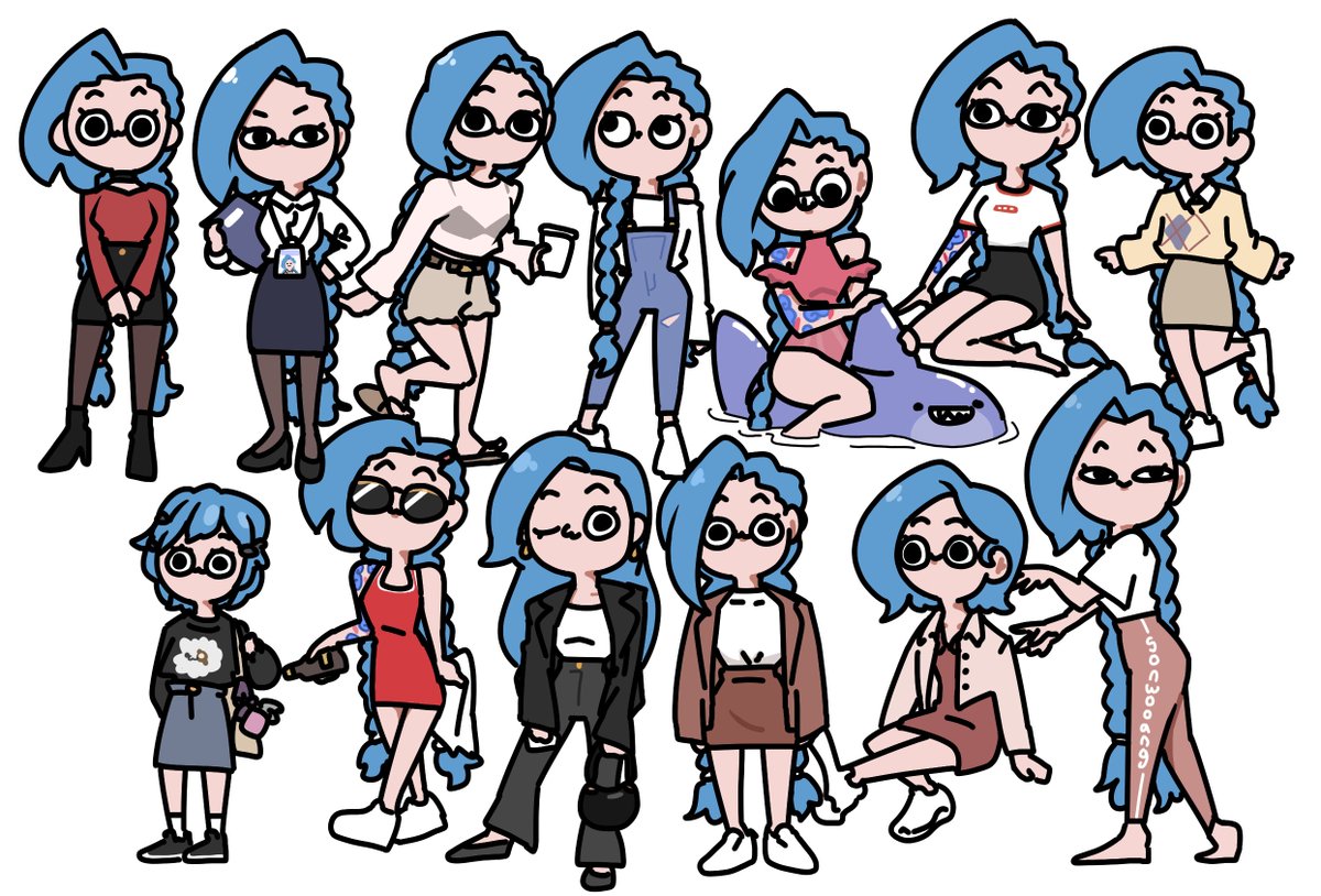 jinx (league of legends) braid long hair 1girl twin braids skirt shirt blue hair  illustration images