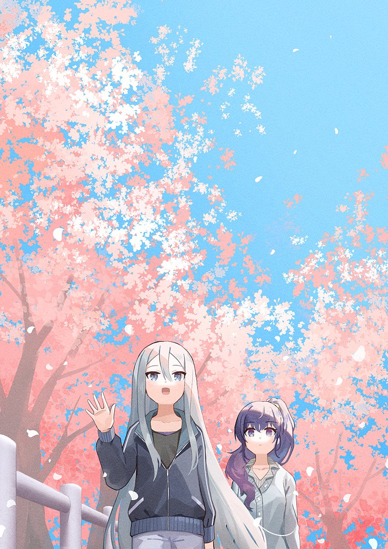 multiple girls 2girls cherry blossoms purple hair long hair outdoors tree  illustration images