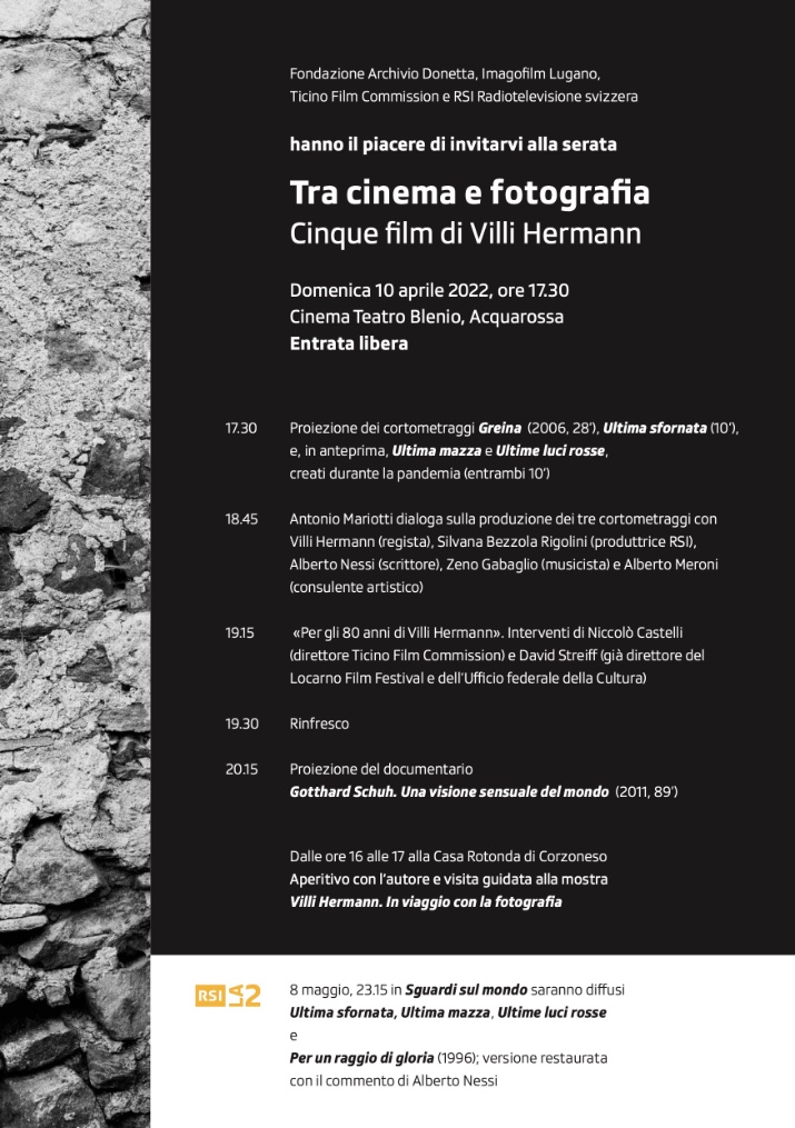 imagofilmlugano's tweet photo. TRA CINEMA E FOTOGRAFIA
Cinque film di Villi Hermann
Domenica 10 aprile 2022 alle 17:30
al Cinema Teatro Blenio

@TicinoFilmCom
@RSIonline
Archivio Donetta https://t.co/TkiwolObDO