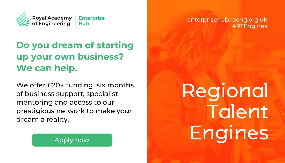 Are you a college leaver with technical qualifications OR a practising engineer who want a career change? The Regional Talent Engines is here to help you develop an innovation at ideation stage into a business - all for free. Apply now: enterprisehub.raeng.org.uk/programmes/reg… #RTEngines