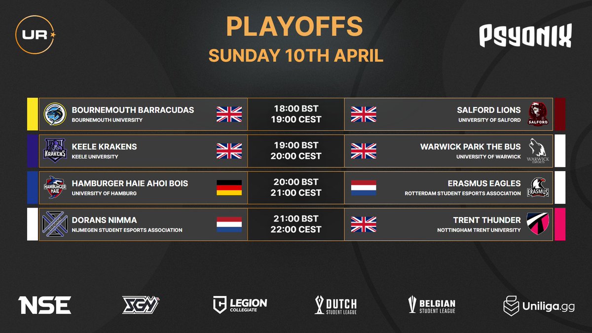 We are live tonight with The #EURC2022 Playoffs Lower Round of 12!

🕛 18:00 BST / 19:00 CEST

Which 4 teams will make it to the Finals Weekend?

ℹ️ liquipedia.net/rocketleague/U…
📺 twitch.tv/UniRocketeers
