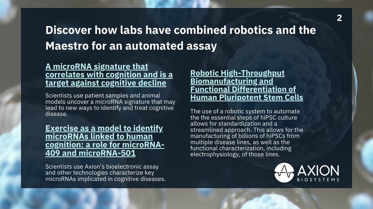 axionbio1's tweet photo. For #NationalRoboticsWeek Discover how labs have combined #robotics and the Maestro for an automated assay.
Links in bio 🔗
#stemcells #liquidhandling #highthroughput #cellbasedassy #livecellanalysis https://t.co/lJ9lQoHjC5