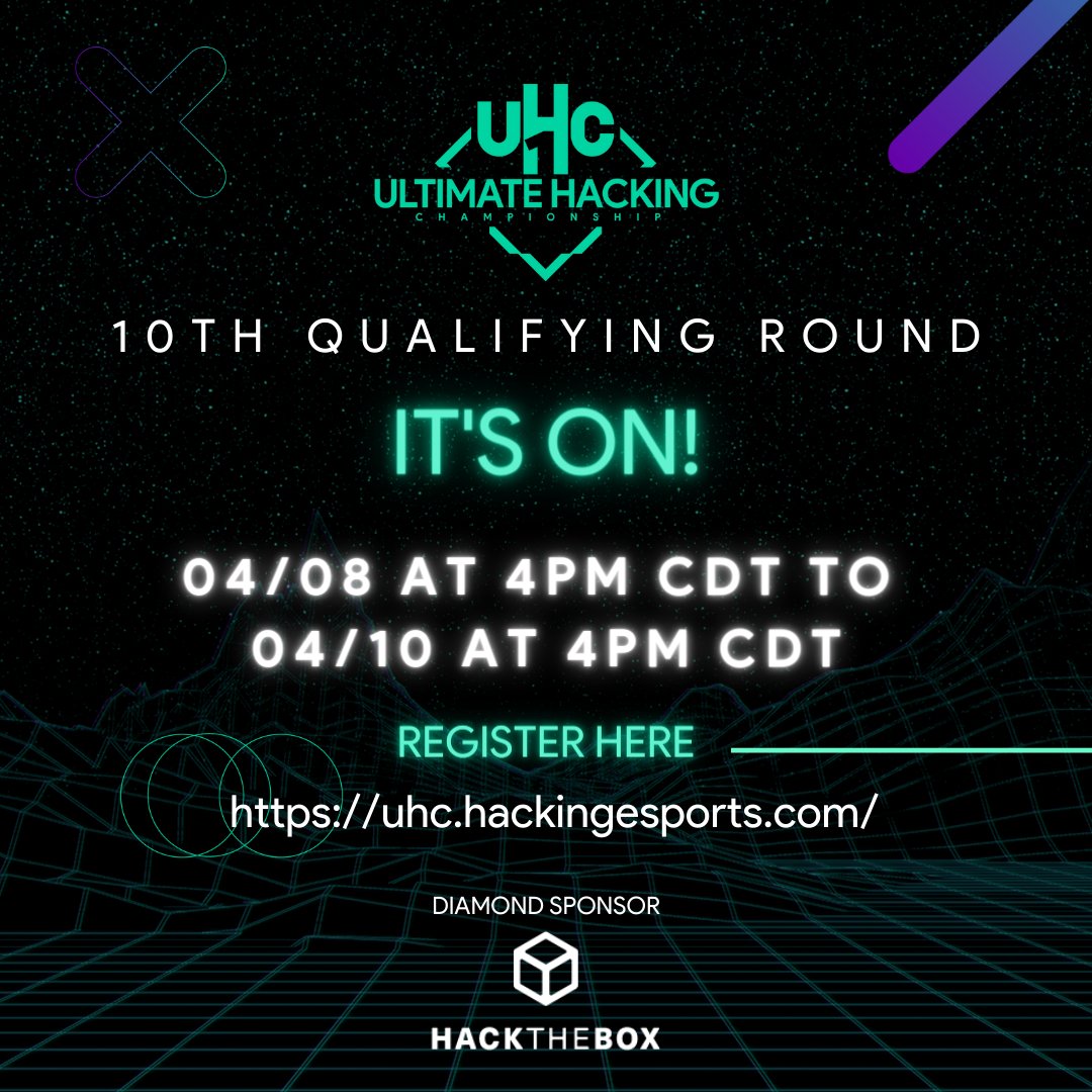 The LAST QUALIFYING ROUND OF UHC SEASON 1 began! 😱
What are you waiting for to come play and guarantee the last spot in the finals? 

The qualifying round starts today and ends on Sunday at 4pm CDT, let's gooo!!!
Play here 👉 uhc.hackingesports.com

#CTF #uhc #hackingesports