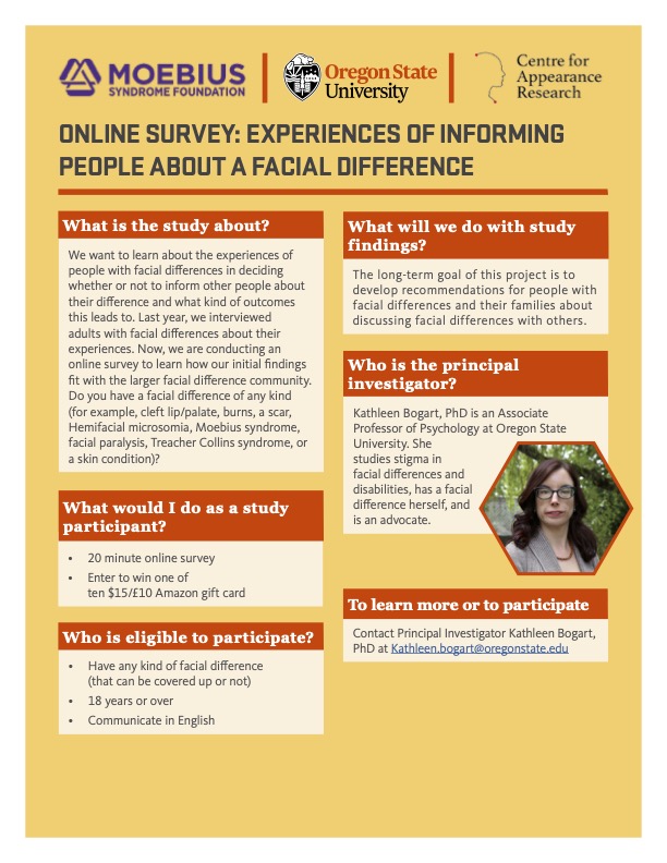 BirthmarkSG's tweet photo. Contact @kathleen_bogart if you'd like to take part in this study, in conjunction with @CAR_UWE about the experiences of people with facial differences in deciding whether or not to inform other people about their difference and what kind of outcomes this leads to. https://t.co/aQc7YM7aGm