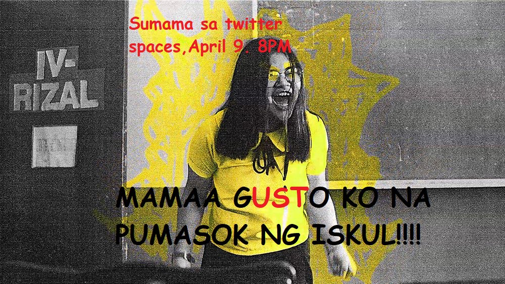 KabataanPL_UST's tweet photo. KOREK!
2 years mahigit na tayong nahihirapan sa palpak na distance learning!!!! 2 years na rin tayong pinagkakaitan ng ating karapatan para sa ligtas, dekalidad, at abot-kayang edukasyon!😭😭😭

Makinig at magbahagi ng inyong pagtingin on WHY DO WE NEED TO OPEN THE SCHOOLS NOW? https://t.co/tLbTXyCUzk