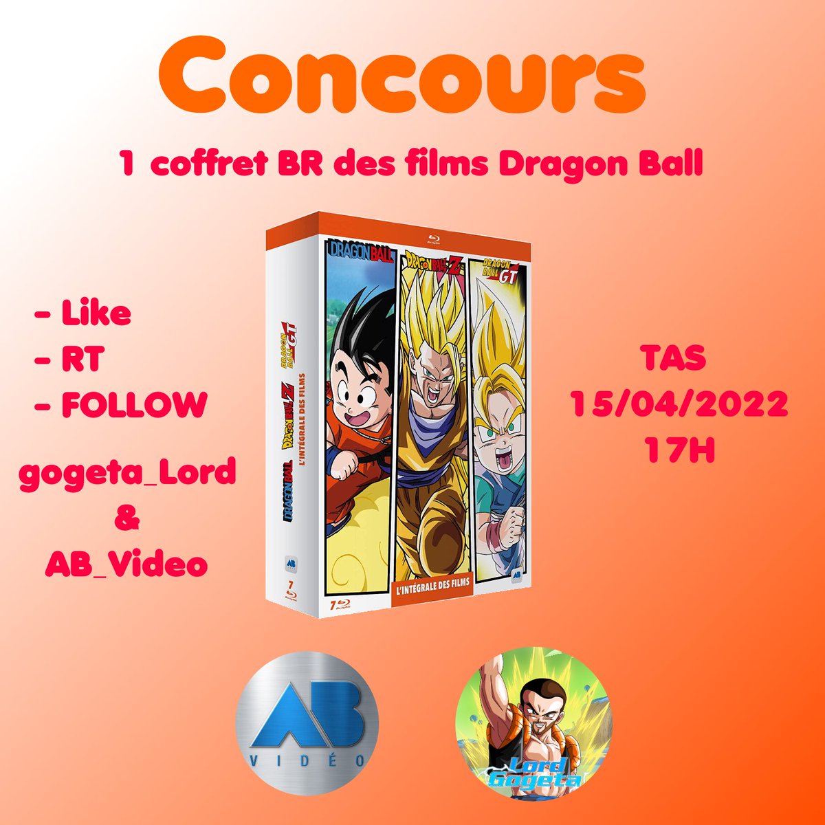 gogeta_lord's tweet photo. 🎊CONCOURS🎊
Avec @AB_Video on a décidé de vous faire gagner 1 coffret BR des films Dragon Ball!

✅Suivre @gogeta_lord et @AB_Video 
🔁RT+like ❤️

TAS : 15/04/2022 17H
Réservé 🇫🇷🇧🇪

Contenu et review ici:
https://t.co/iyxfSgfSLG

#DragonBall #giveaway #Concours #DragonBall https://t.co/vkncMUFDZk