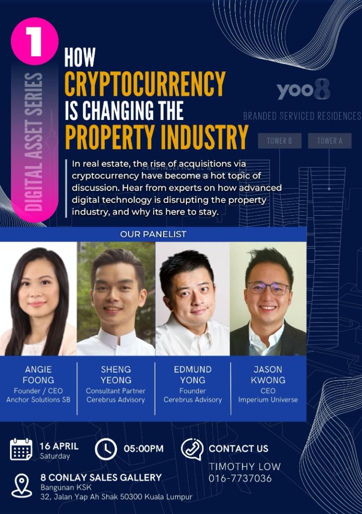 We  are glad to announce the 1st Digital Asset Series, "How Cryptocurrency Is Changing The Property Industry" hosted by <a href="/KSK_Land/">KSK Land</a>, the developer of <a href="/8Conlay/">8 Conlay</a>, #KualaLumpur

For RSVP, pls DM.

#luxuryproperties
#celebrusadvisory
#Cryptocurrency
#KSK_Land #8Conlay #yoo8