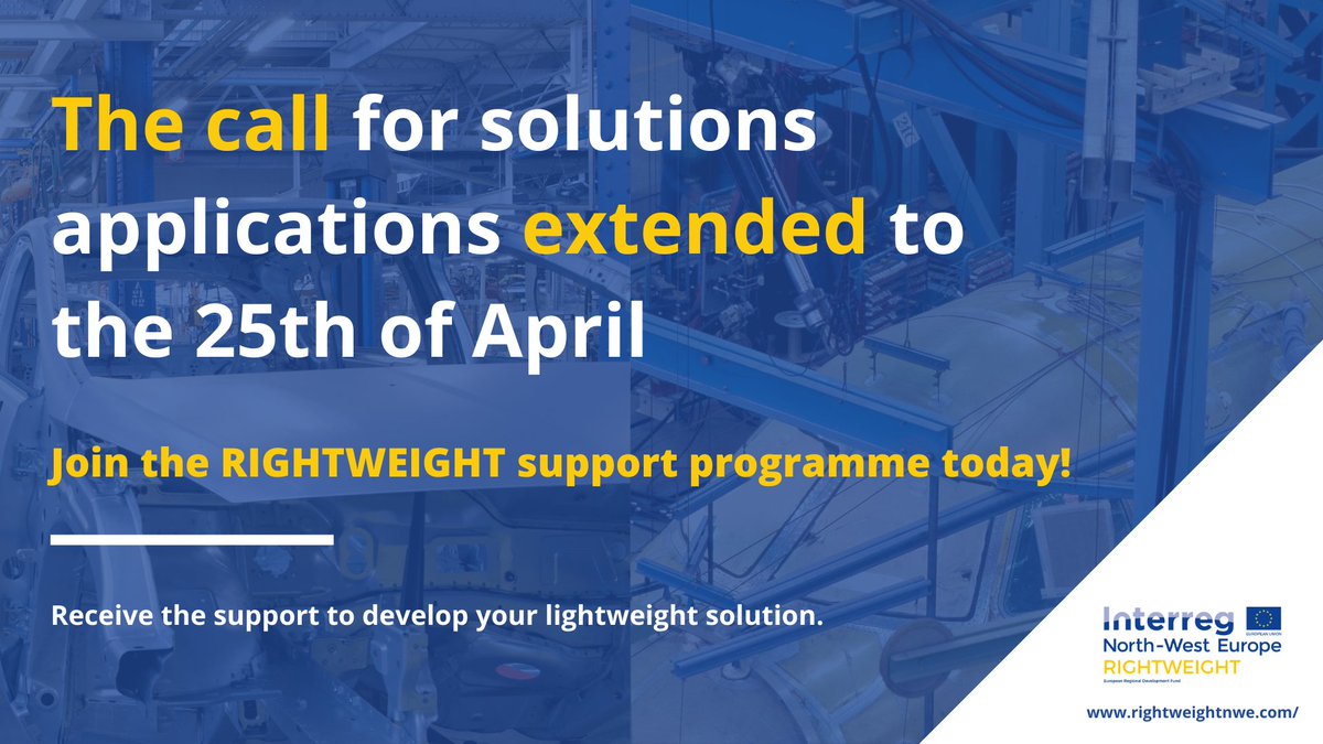 RIGHTWEIGHT2's tweet photo. The application date for the call for solutions has been extended! 

Apply to the RIGHTWEIGHT support programme before the 25th of April and develop your innovative lightweight solution. 

View all of the challenges and apply via: https://t.co/1IcR4qgVVh

#SMEs #auto #aero https://t.co/dSVqhEFaMQ