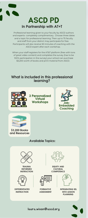 AscdLaura's tweet photo. Pick Your Topics > Pick Your Available Dates > Receive ASCD Professional Learning For Faculty and Staff Completely Free of Charge!

Check out this amazing opportunity that is being offered to schools and districts for a limited time due to the amazing partnership of AT+T and ASCD https://t.co/KLm8rpvSNN