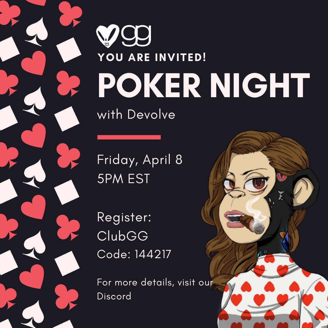 gossapegirl's tweet photo. TGIF! Unwind and join our Poker Night with @devolvenfts and win prizes.
The game is hosted via ClubGG App with the code below👇 Visit our Discord to learn more💖

#gossapegirl #gggamenight https://t.co/vnabtYntyz