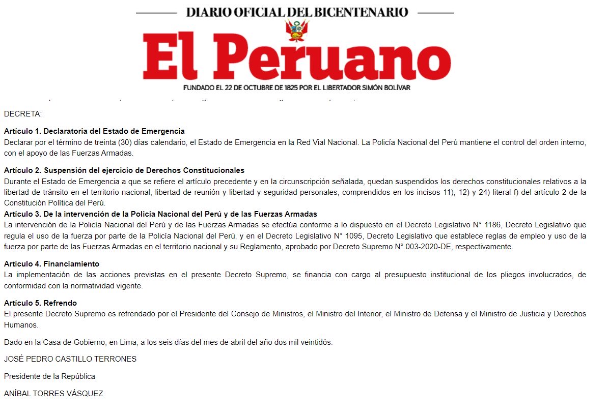 felipeestevesvg's tweet photo. Este DS 035-2022-PCM, que declara el Estado de Emergencia en la Red Vial Nacional, publicado ayer, ha pasado casi desapercibido. En buen cristiano, ya no nos encierran en nuestras casas sino en la ciudad de Lima. Así ocurrirá en otras provincias. Ojo! https://t.co/YETsv2tu28