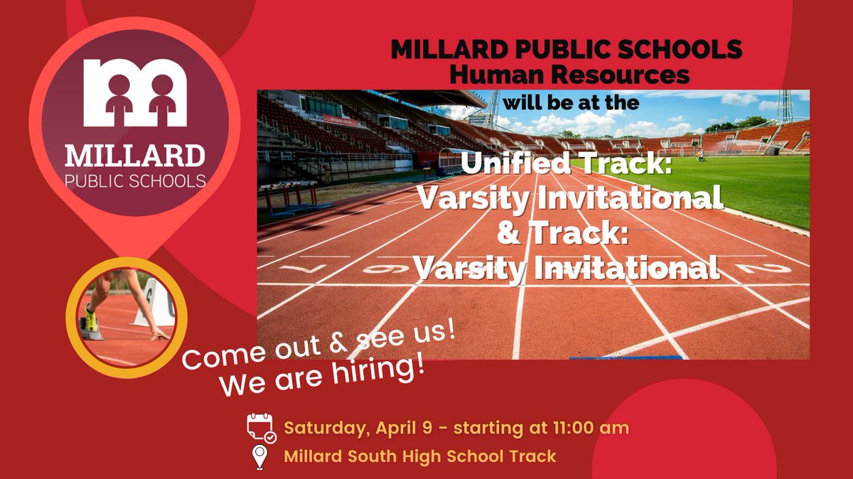 MPSHR's tweet photo. Millard Public Schools Human Resources will be at the Millard Track & Field Invitational @ Millard South High School on Saturday. Stop by and ask about our opportunities! SHINEwithMPS #Proud2bMPS #msactivities #unifiedsports https://t.co/7IOlpWxjpS