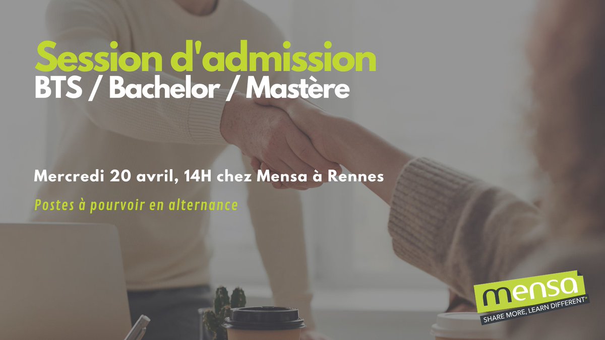 MENSAFORMATION's tweet image. 📢 Session d'#admission ! Venez trouver votre #alternance pour la #rentrée2022 ! 📆 le mercredi 20 avril 🕑à 14h 📌dans nos locaux de #Rennes ➡️ Présentation des #formations et #entretien d'admission #professionnalisation #apprentissage #cfa #orientation