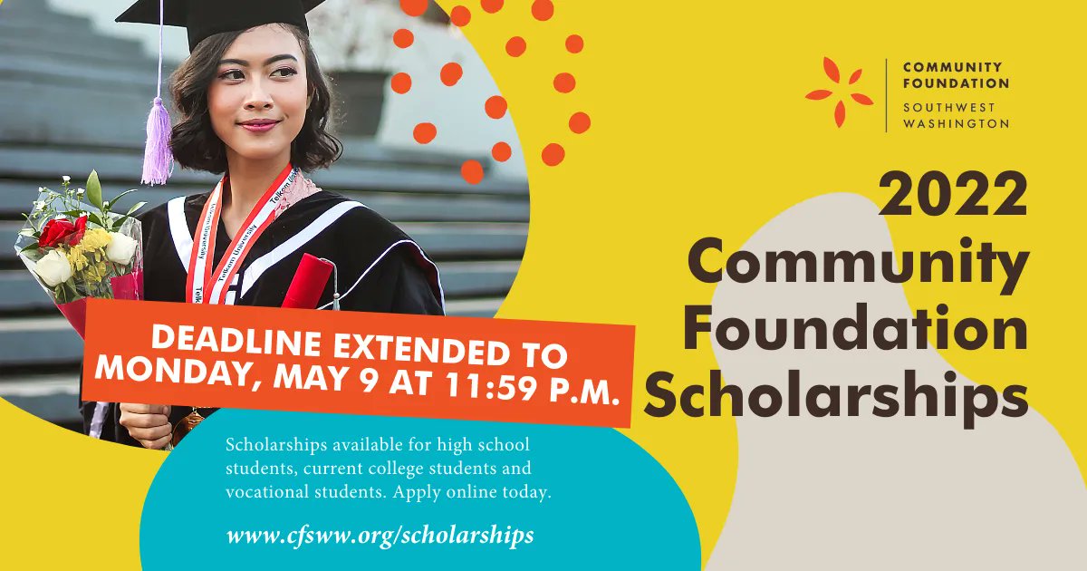CFSWW's tweet photo. UPDATE: The scholarship application deadline has been extended to Monday, May 9 at 11:59 p.m. Visit https://t.co/HvzS85Rpow to learn more & apply today. #cfsww #WashingtonScholarships #WashingtonStateStudents https://t.co/dFByVt6zH4
