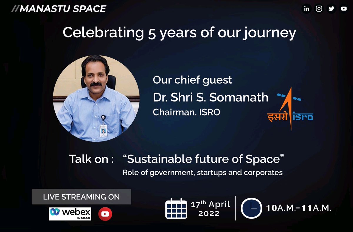 ManastuSpace's tweet photo. We are glad to let you know all that Dr. Shri S Somanath - Chairman of #ISRO will be joining us on 17th April for our event. 
Registration at: https://t.co/vo42WBaJRF
(If you wish to attend but cannot join at that time, fill the registration form and we'll share the recording. https://t.co/x2MjWcY2lx