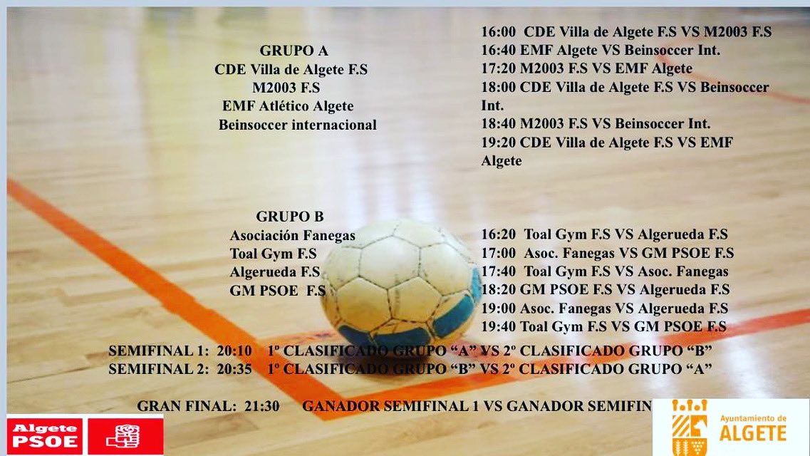 PSOEdeAlgete's tweet photo. 🔴 Así quedan los grupos para el Torneo Benéfico “Fútbol contra el Hambre”, mañana 9 de abril en el Polideportivo Municipal a partir de las 16:00h. ⚽️
¡No faltes! Trae un kg de alimentos y disfruta de una tarde de fútbol solidario. 🤝
#Algete
#algeteavanza
#algetesolidario❤️ https://t.co/oAR6oGovKB