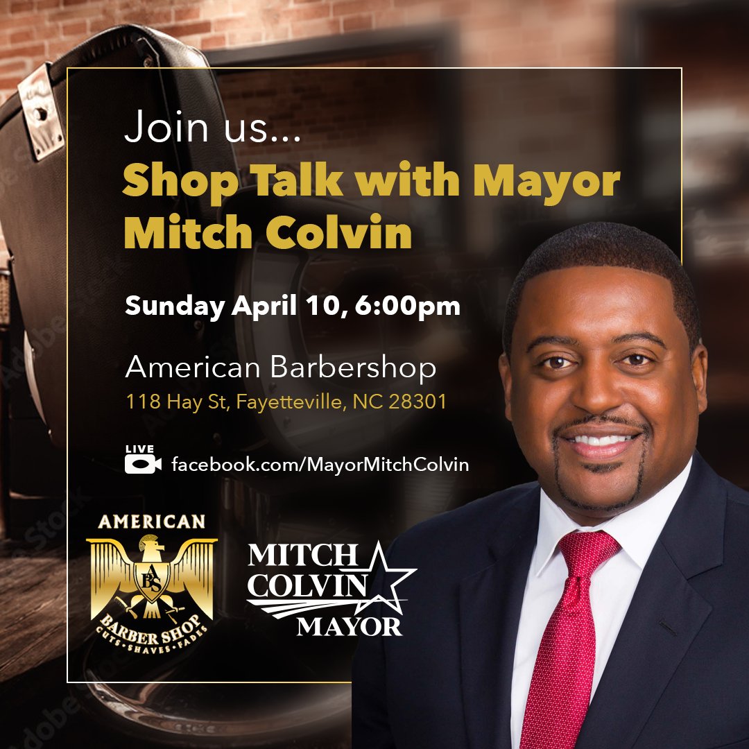 MayorColvin's tweet image. Join me on Sunday, April 10 at 6PM on Facebook Live for a "Shop Talk" community conversation about the challenges facing our city.
Facebook Live Link - buff.ly/37w5Fdt
#FayettevilleNC #DowntownFay #SmallBusiness #DowntownFayNC