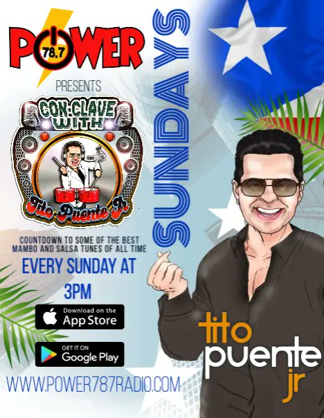 This Sunday join me on my brand new show 
"Con Clave with Tito Puente,Jr."
Exclusively on <a href="/power787radio/">Power 78.7Radio</a> 
This week I present the Queen of Latin Music <a href="/celiacruz/">Celia Cruz</a> 
Download the app at the App store or Google play or join us live 3pm this and every Sun at power787radio.com