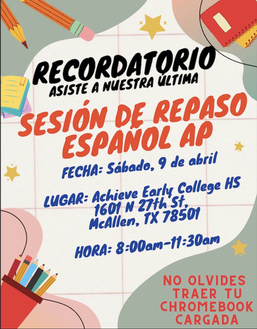 Atención estudiantes de AP SPANISH y retadores del exámen 👀 Mañana es la última preparación del distrito 🏫 ¡NO FALTEN! Vamos a repasar todos juntos por medio de muchas actividades divertidas 😀 8am - en ACHIEVE HS - lleven su 💻 cargada 🔋 VAMOS POR ESOS 5 👩🏻‍🎓 #ruvalcabasclass