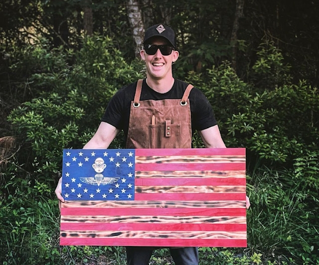 Made in the U.S.A.:
Capt. Connor Smithson ’13 channels his creative energies into his small woodworking shop specializing in custom flags, plaques and furniture pieces. myw.lu/3ui3L9n. @wlulex @wlualum