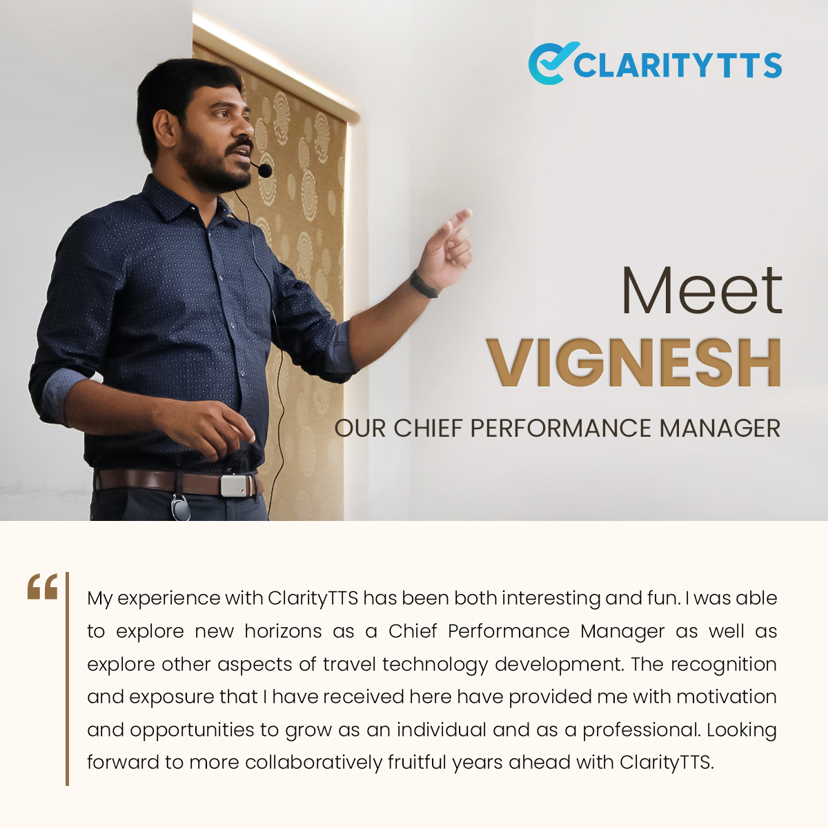 ClarityTTS_SaaS's tweet photo. This week, we'd like to spotlight our people's favourite, Vignesh Poornachandran, Chief Performance Manager. He has played a significant role in sustaining the company's ethos among our people since he is a people person.
#LifeatClarityTTS #employeespotlight #myworkvalues https://t.co/BdLPHntIXs