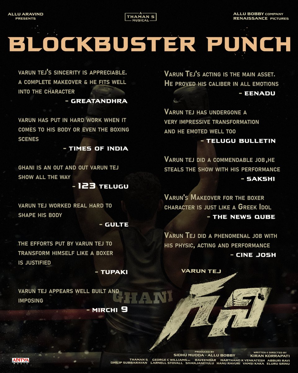 GA2Official's tweet photo. Mega Prince @IAmVarunTej show all the way! 🔥

Have you booked your tickets for #Ghani yet?
Book now: https://t.co/L4smhkbeom 

#GhaniDay 👊

@IamJagguBhai @nimmaupendra @SunielVShetty @saieemmanjrekar @dir_kiran @MusicThaman @george_dop @sidhu_mudda @Bobbyallu @RenaissanceMovi https://t.co/eF0O0GklVH