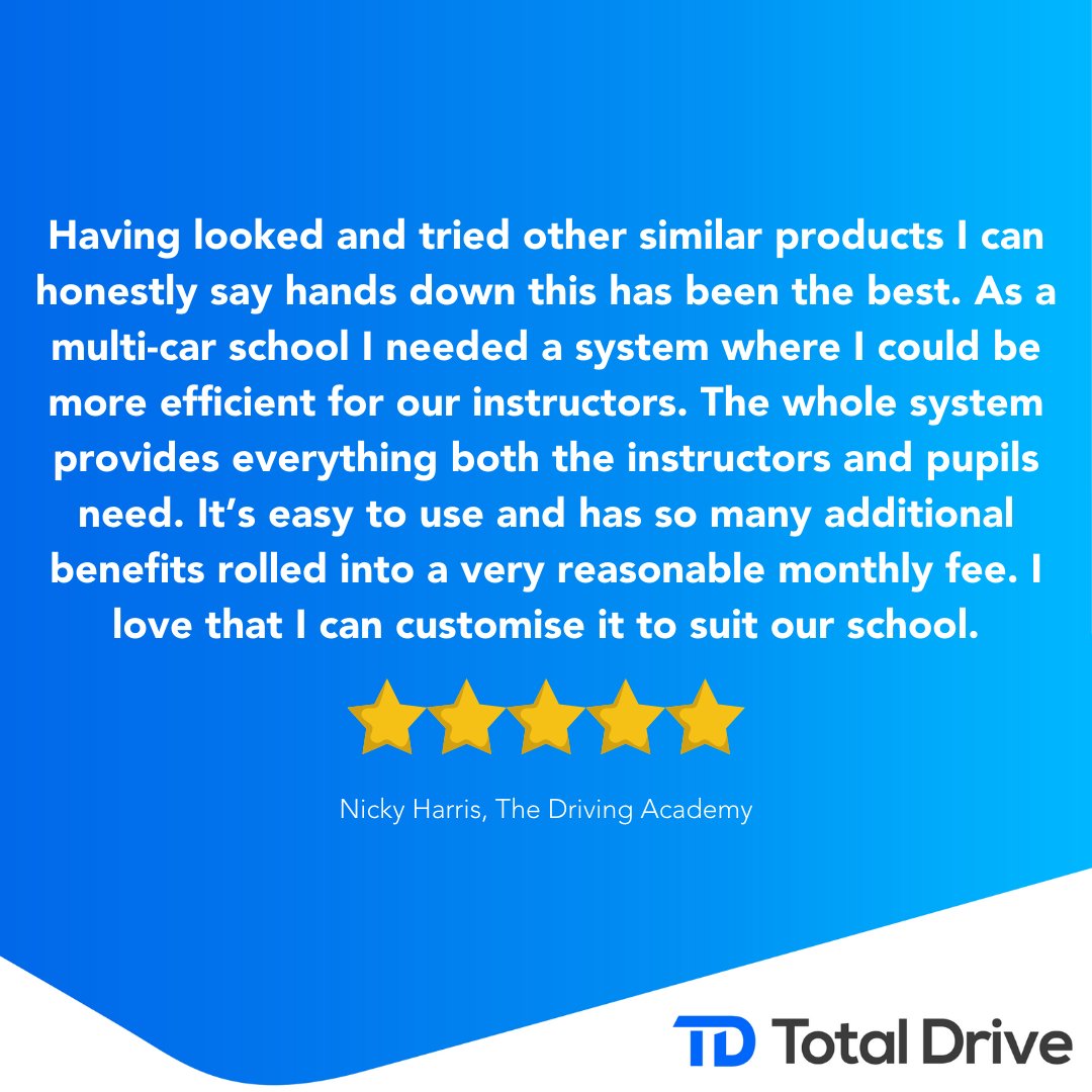 totaldriveapp's tweet photo. Another 5️⃣⭐️ review for the Total Drive app over on our website.

We’re not bragging, we just want you to know you can trust us to save you time and money in your driving school. Plus we offer a free trial!

https://t.co/4bjLpDWLig https://t.co/XHXx7mS6T5