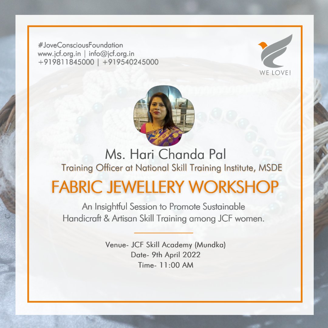 JoveConscious's tweet photo. 𝐉𝐂𝐅 𝐅𝐚𝐛𝐫𝐢𝐜 𝐉𝐞𝐰𝐞𝐥𝐥𝐞𝐫𝐲 𝐖𝐨𝐫𝐤𝐬𝐡𝐨𝐩
JCF invites you to witness #FabricJewelleryWorkShop Session by #MrsHariChandaPal, a training officer at #NationalSkillTrainingInstitute, #MSDE.
#JCF #fabricworkshop #jewelleryworkshop #handicraftsession #artisan #kameri https://t.co/NiPtn7NRo6