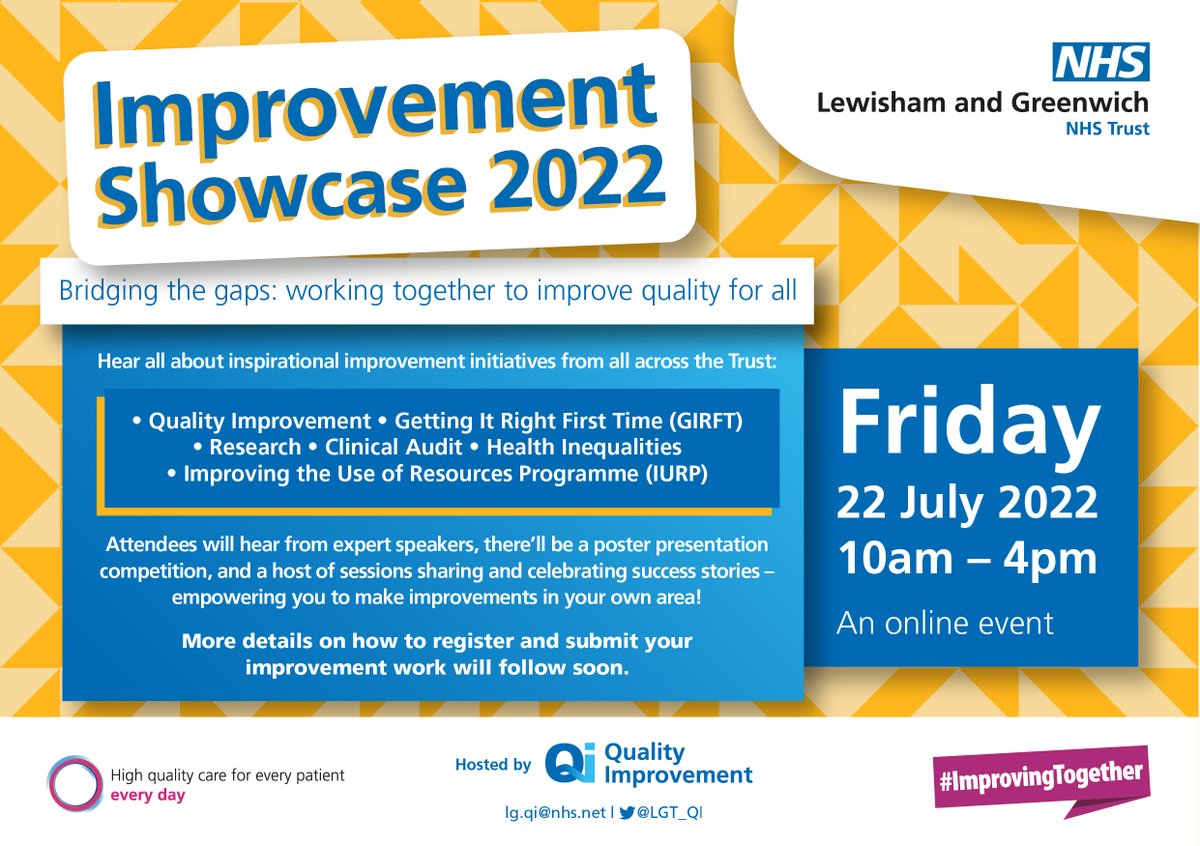 Save The Date! - LGT's Improvement Showcase 22 July 2022...Celebrating success and sharing learning from a wide range of Improvement initiatives. Details to register will follow soon!!   <a href="/LGT_Qi/">LGT Qi</a>